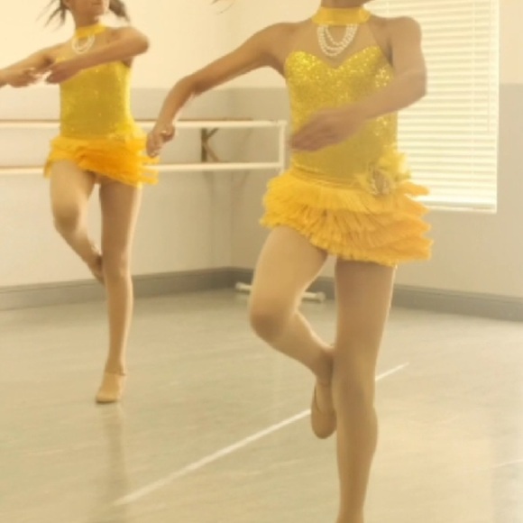 Yellow Sequins Dance Costumes with Fringe Details, leotard Size S - Picture 2 of 8